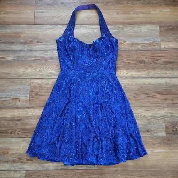 Vintage 90's Stephen Yearick Prom Dress Womens 10 Blue Beaded Halter - Picture 2 of 10